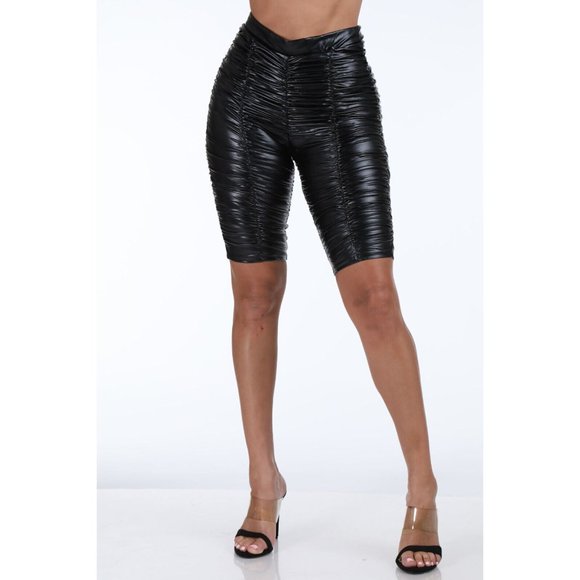 Unbranded Pants - Women's Casual Black Elastic Waist Ruched PU Biker Slinky Shorts Sexy